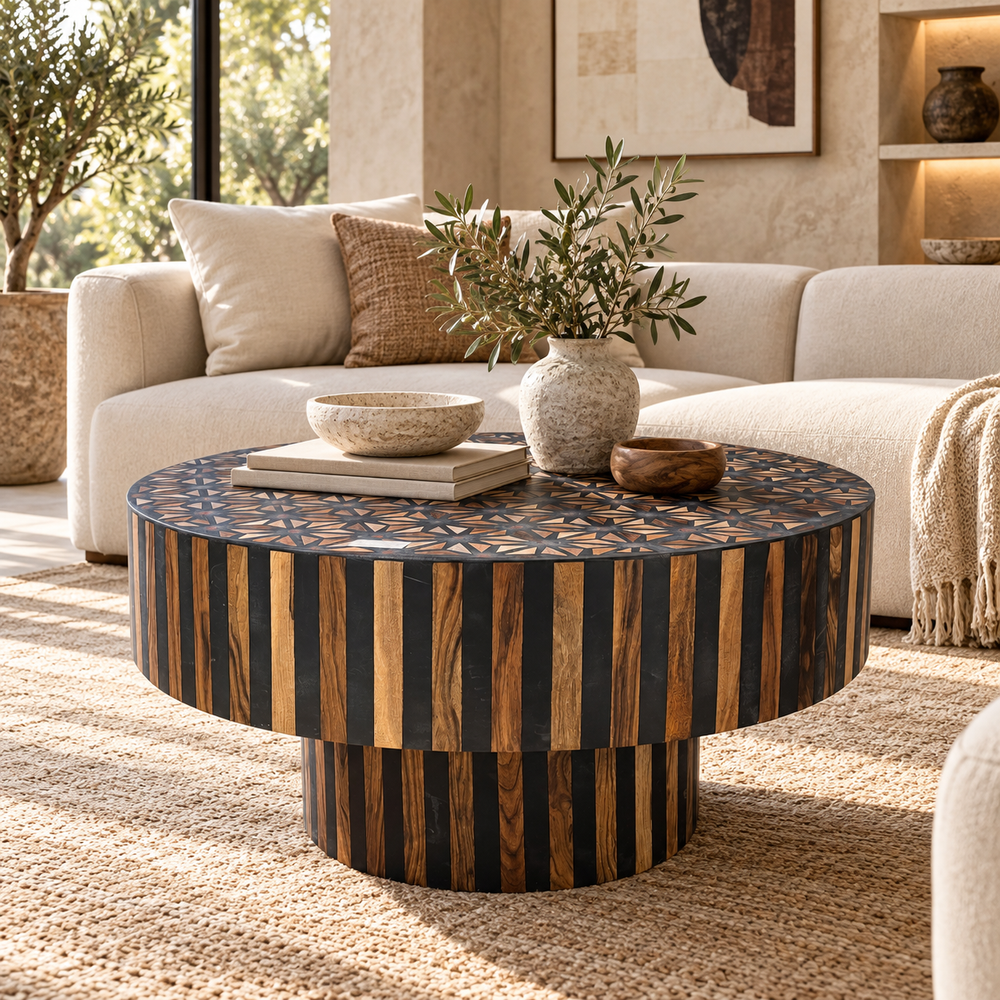 Table Basse Ronde en Marqueterie de Bois et Résine Noire, Plateau Géométrique Étoilé