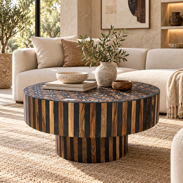 Table Basse Ronde en Marqueterie de Bois et Résine Noire, Plateau Géométrique Étoilé