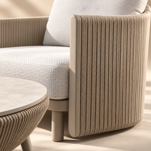 Salon de jardin 4 pièces – Canapé 2 places, 2 fauteuils et table basse ronde en corde tressée beige