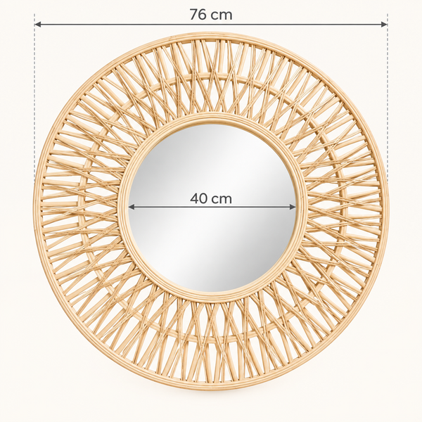 Miroir rond « Rayonnant » en rotin et bambou – Cadre ajouré effet soleil, finition naturelle