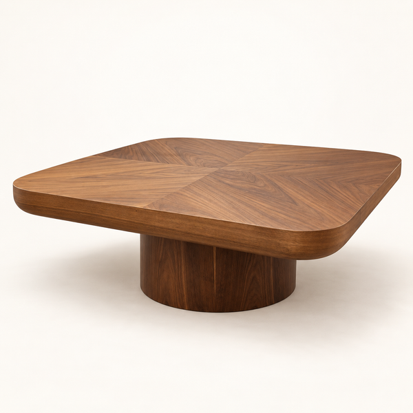 Table basse carrée en bois noir – Pied central cylindrique & veinures apparentes