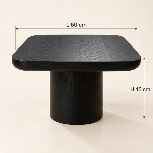 Table basse carrée en bois noir – Pied central cylindrique & veinures apparentes