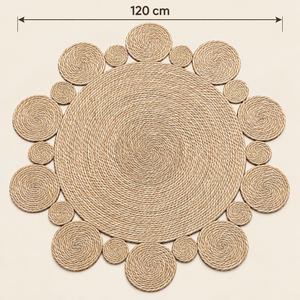 Tapis rond en fibres naturelles tressées, style bohème à médaillons