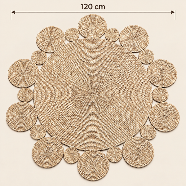 Tapis rond en fibres naturelles tressées, style bohème à médaillons