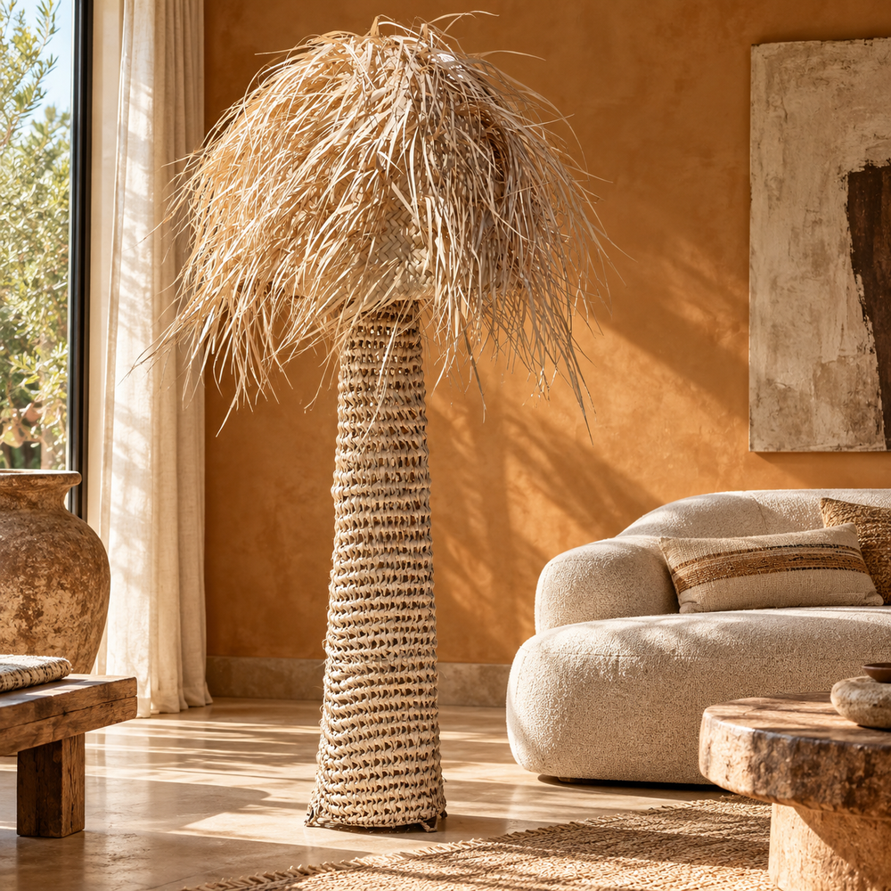 Lampadaire Palmier en Fibres Naturelles Tressées, Pied Ajouré et Abat-jour en Palmes Effilochées