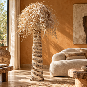 Lampadaire Palmier en Fibres Naturelles Tressées, Pied Ajouré et Abat-jour en Palmes Effilochées