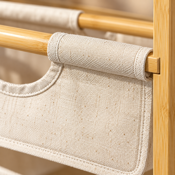 Panier à linge sur roulettes en bambou – 2 sacs en tissu écru amovibles