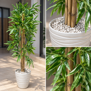 Bambou Artificiel Géant à Tiges Naturelles avec Pot Blanc Ondulé