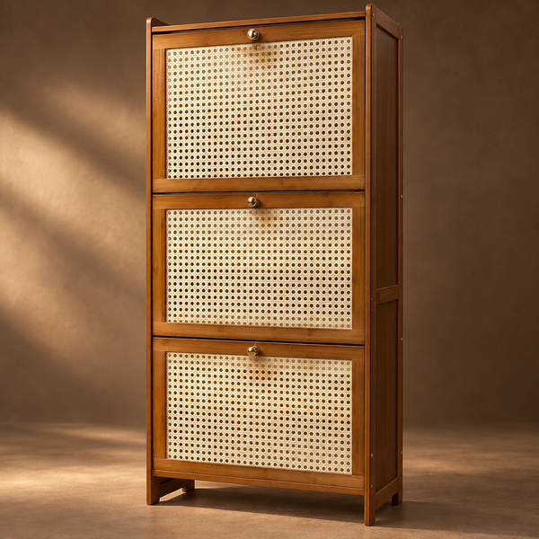 Meuble à chaussures 3 abattants – Structure en bois foncé et façades en cannage rotin