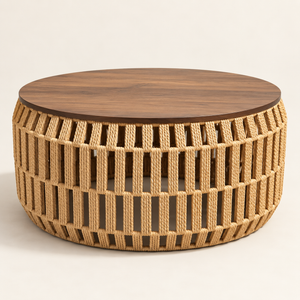 Table basse ronde « Raphia » en corde tressée – Plateau rond en bois effet noyer