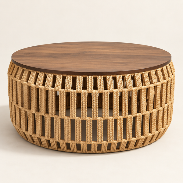 Table basse ronde « Raphia » en corde tressée – Plateau rond en bois effet noyer