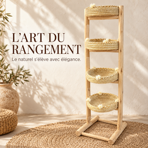 Étagère debout en bois naturel – 4 paniers tressés à pompons, style bohème et artisanal