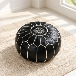 Pouf Marocain Rond en Cuir Noir avec Broderie Blanche