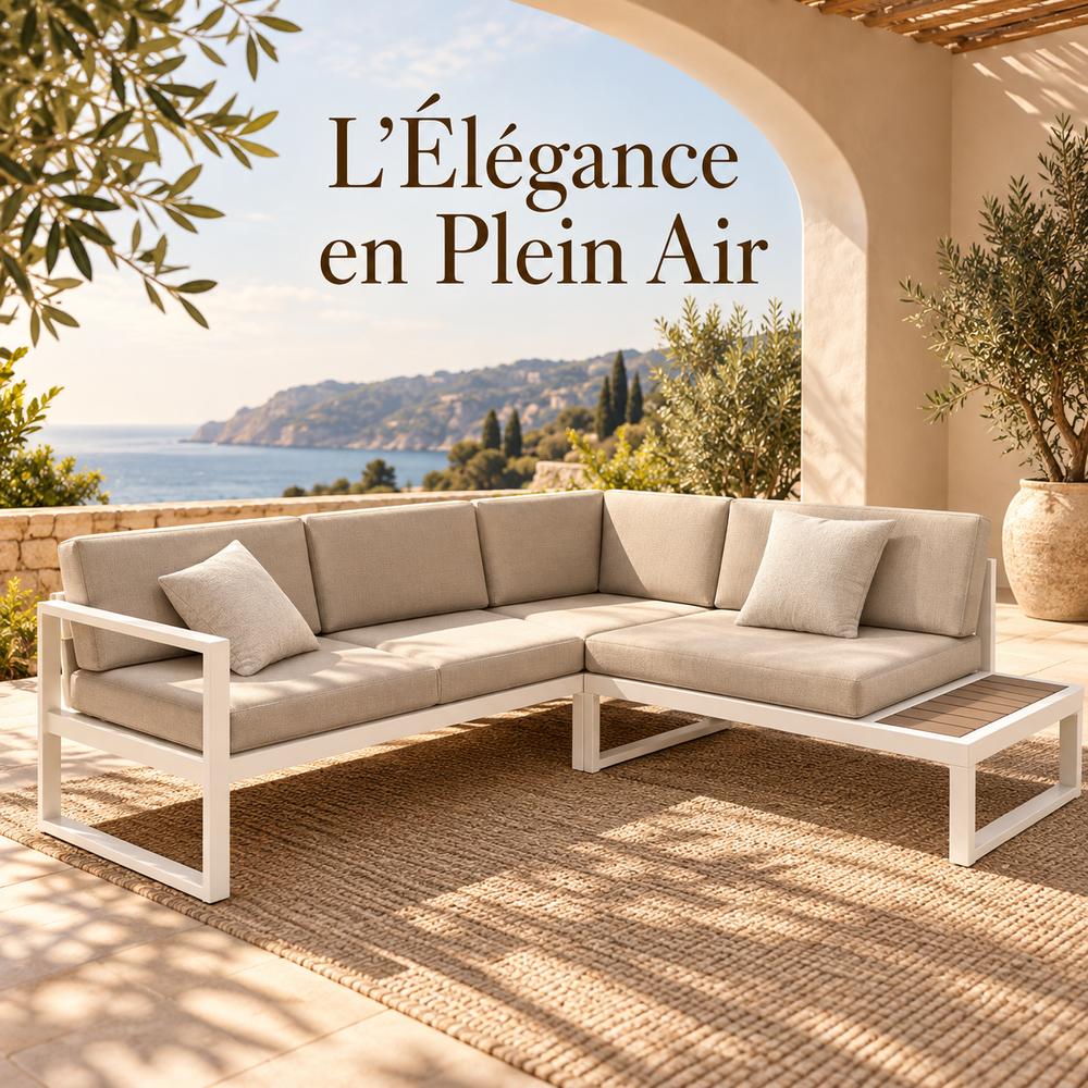 Salon de jardin d'angle – Structure en métal blanc, coussins beige et table basse à lattes effet bois