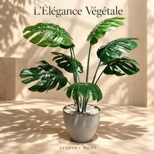Monstera Deliciosa Artificiel avec Pot Gris Effet Pierre Évasé