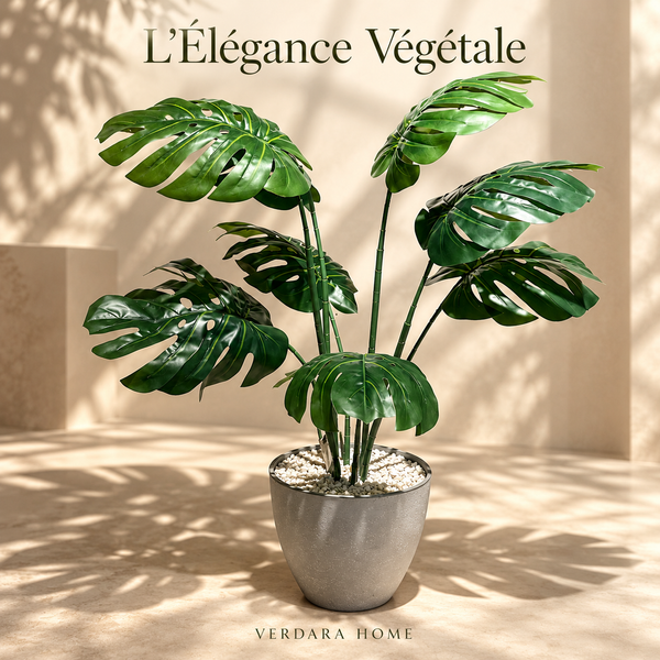 Monstera Deliciosa Artificiel avec Pot Gris Effet Pierre Évasé
