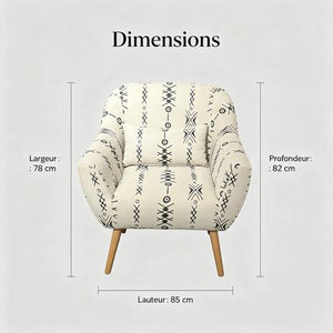 Fauteuil beige à motifs tribaux avec pieds en bois