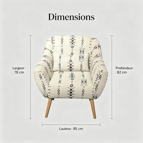Fauteuil beige à motifs tribaux avec pieds en bois