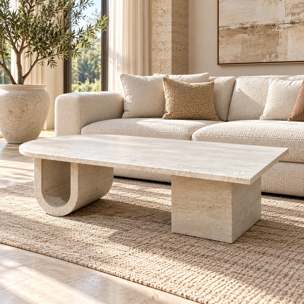 Table basse « Travertin » asymétrique – Plateau demi-ovale, pieds en U et bloc