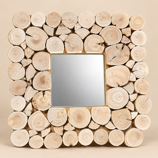 Miroir mural carré en bois naturel – Cadre en rondins empilés, style rustique et chaleureux