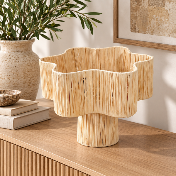 Cache-pot sur pied en fibres naturelles – Forme ondulée, style bohème et artisanal