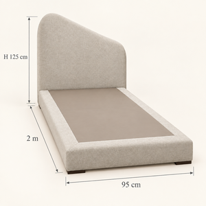 Lit Plateforme Beige Chiné en Tissu Bouclé, Tête de Lit Asymétrique Arrondie