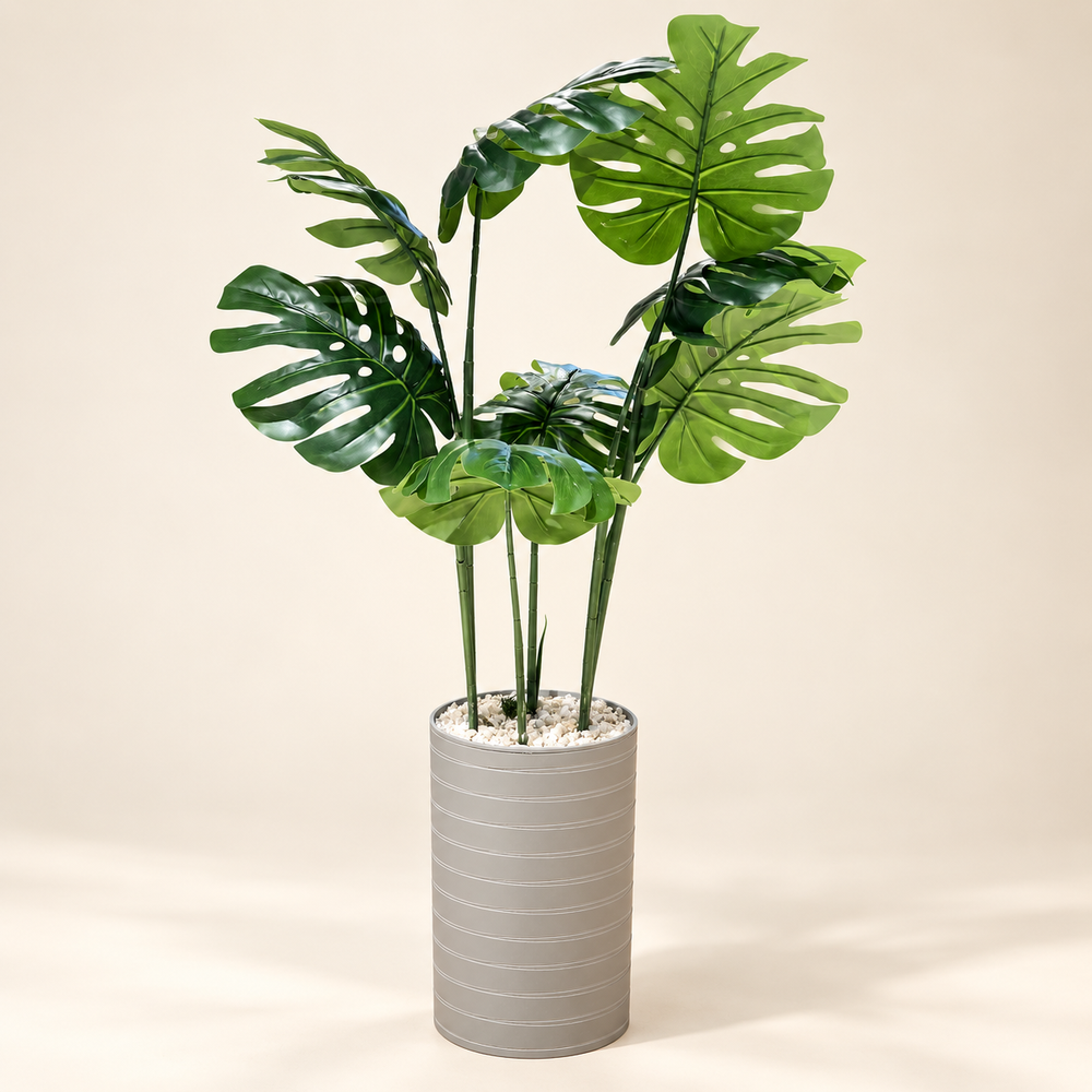 Monstera Deliciosa Artificiel avec Haut Pot Cylindrique Gris Taupe à Fines Rainures