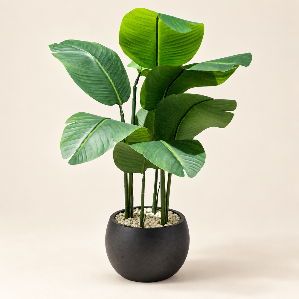 Plante Artificielle Strelitzia (Oiseau de Paradis) avec Pot Rond Noir Effet Béton
