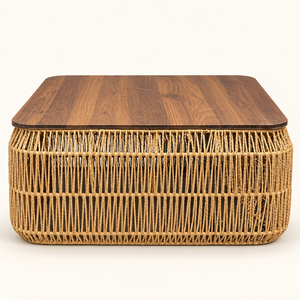 Grande table basse carrée « Raphia » en corde tressée – Plateau en bois effet noyer