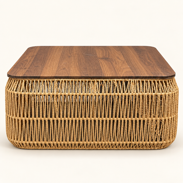 Grande table basse carrée « Raphia » en corde tressée – Plateau en bois effet noyer