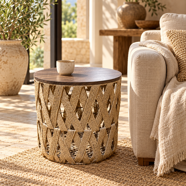 Table d'appoint ronde « Tressée » – Plateau en bois foncé et base en corde de papier tressée