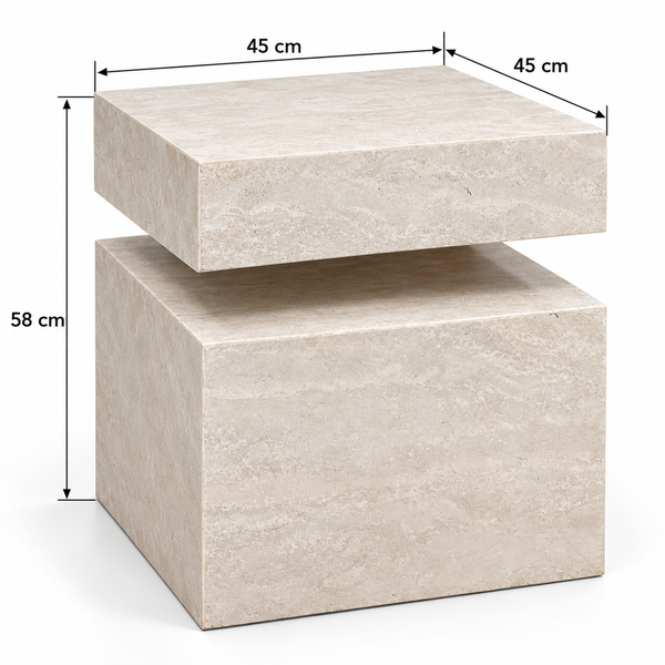 Table de chevet « Cube » en pierre effet travertin – Design géométrique à blocs décalés