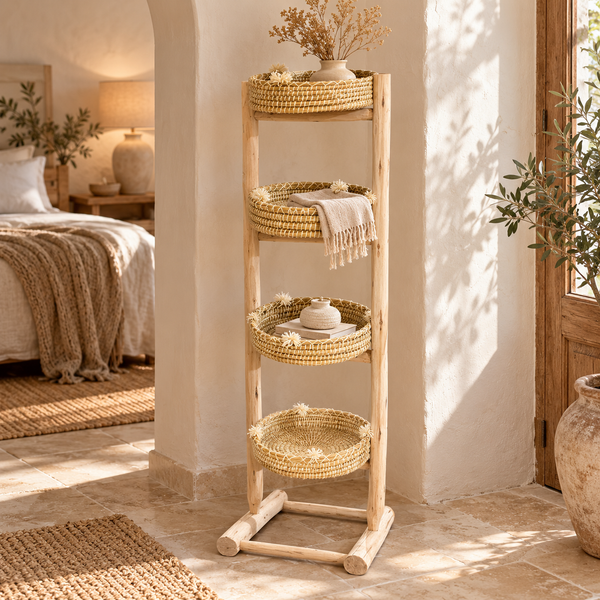 Étagère debout en bois naturel – 4 paniers tressés à pompons, style bohème et artisanal