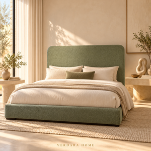 Lit Plateforme Vert Sauge en Tissu Bouclé, Tête de Lit Haute aux Angles Arrondis