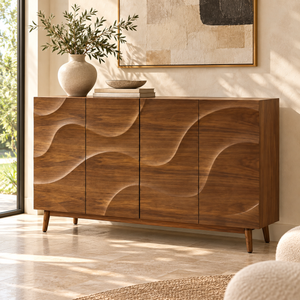 Buffet « Vagues » en bois noyer – 4 portes sculptées à motif ondulé