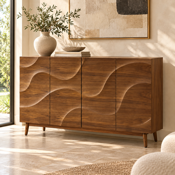Buffet « Vagues » en bois noyer – 4 portes sculptées à motif ondulé