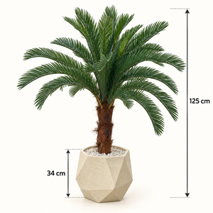 Cycas artificiel (palmier sagou) en pot géométrique beige – Plante effet naturel