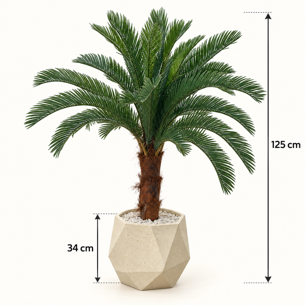 Cycas artificiel (palmier sagou) en pot géométrique beige – Plante effet naturel