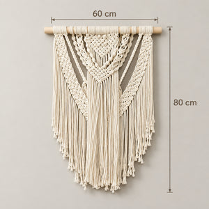Macramé Mural Bohème en Coton Blanc Écru avec Barre en Bois