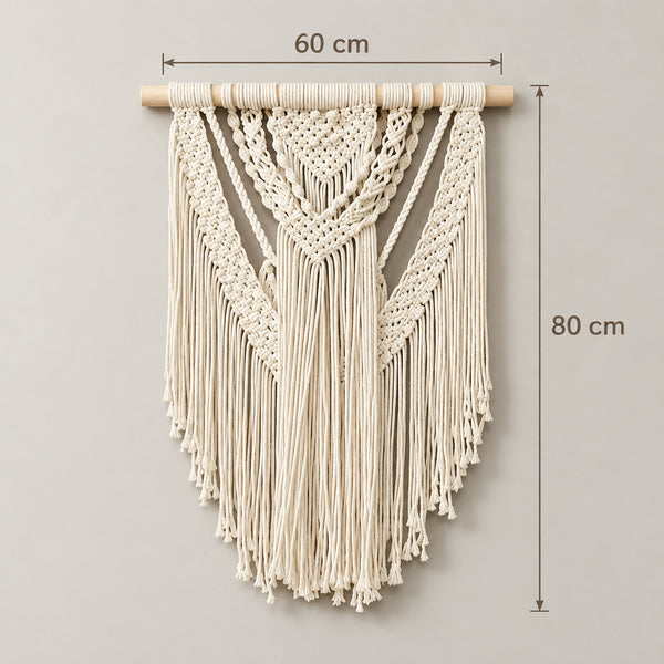 Macramé Mural Bohème en Coton Blanc Écru avec Barre en Bois