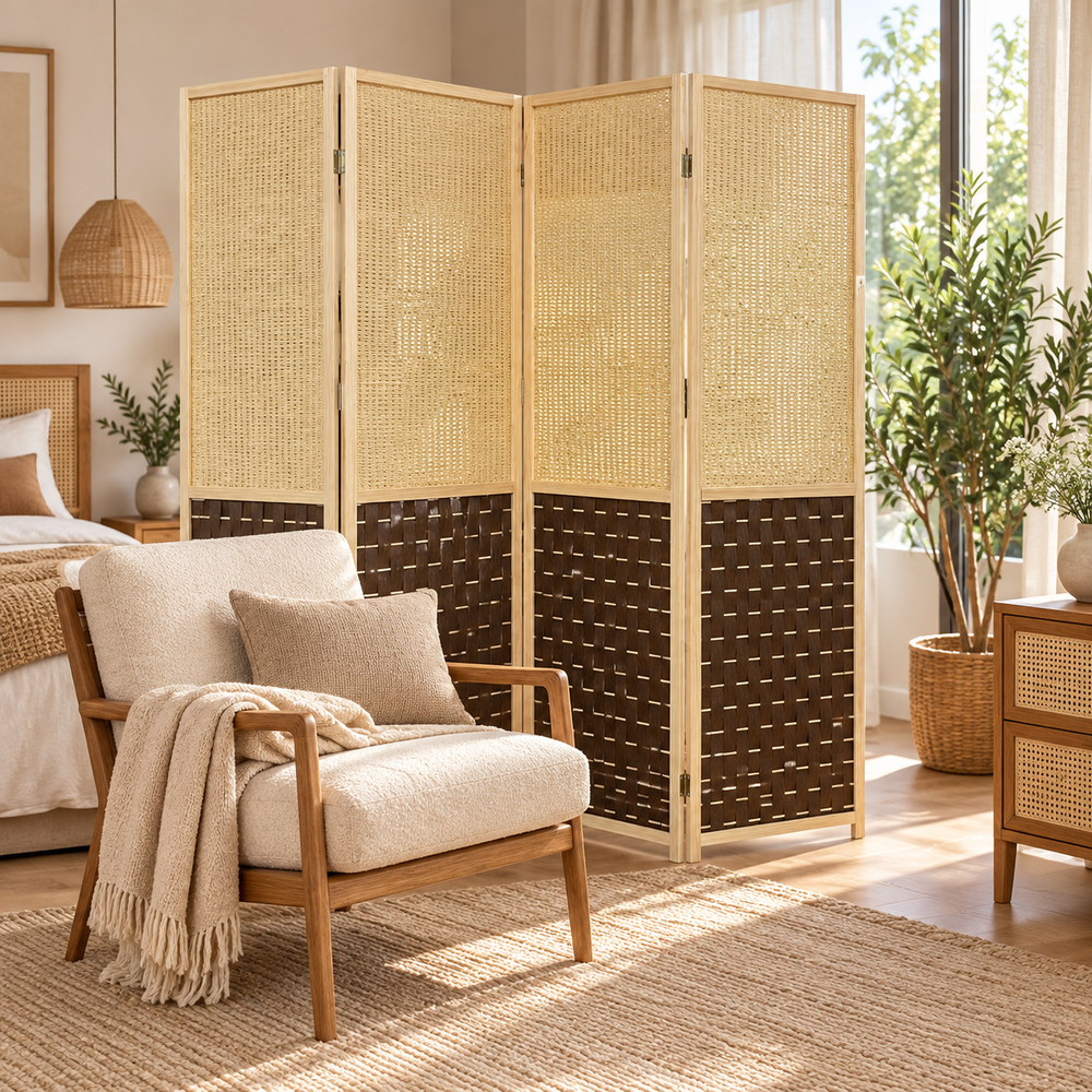 Paravent 4 panneaux – Cadre en bois clair et tissage bicolore beige et marron