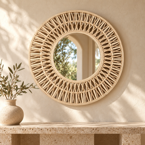 Miroir rond « Rayonnant » en rotin et bambou – Cadre ajouré effet soleil, finition naturelle