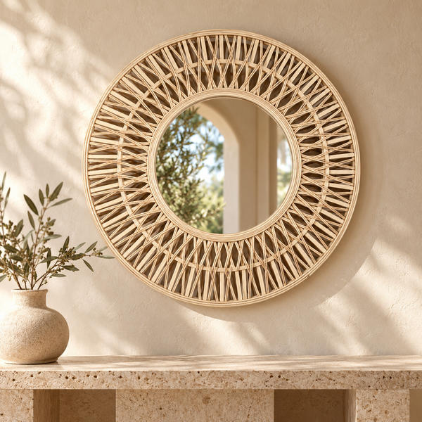 Miroir rond « Rayonnant » en rotin et bambou – Cadre ajouré effet soleil, finition naturelle