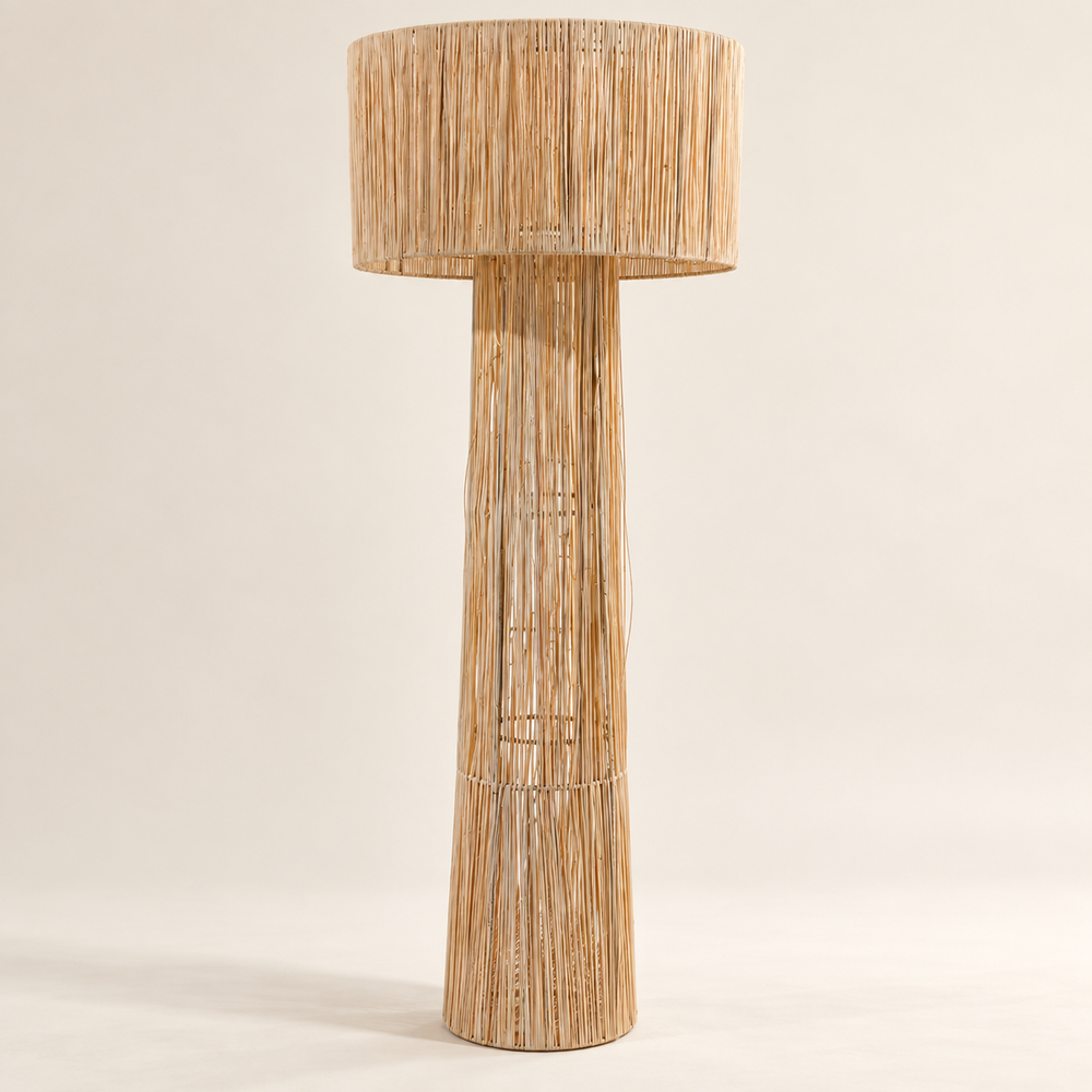 Lampadaire en Raphia Naturel, Pied Conique Ajouré et Grand Abat-jour Cylindrique