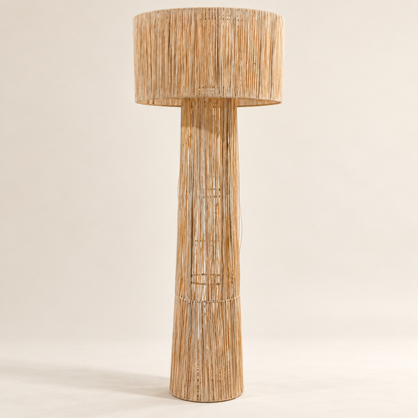 Lampadaire en Raphia Naturel, Pied Conique Ajouré et Grand Abat-jour Cylindrique