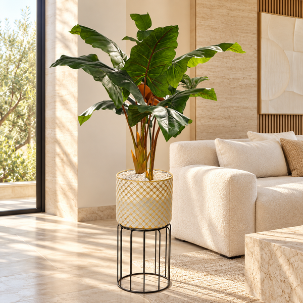 Plante Artificielle Tropicale à Grandes Feuilles avec Pot Céramique Doré et Support Métal Noir