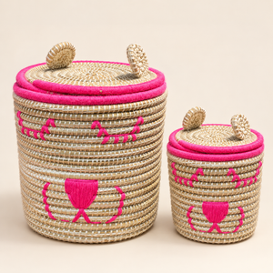 Set de 2 paniers de rangement ourson avec couvercle, fibres naturelles et fil rose vif, pour chambre d'enfant