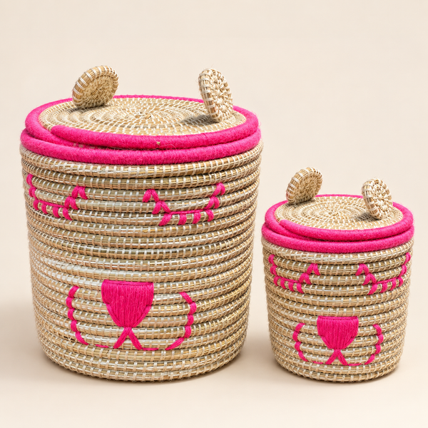 Set de 2 paniers de rangement ourson avec couvercle, fibres naturelles et fil rose vif, pour chambre d'enfant