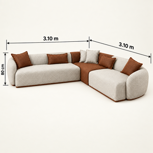 Canapé d'angle bicolore en tissu texturé gris clair & terracotta – Design arrondi & contrasté (dim)
