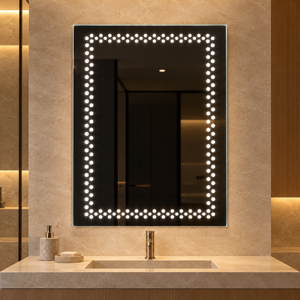 Miroir mural rectangulaire LED – Cadre lumineux à points, style moderne et hollywoodien